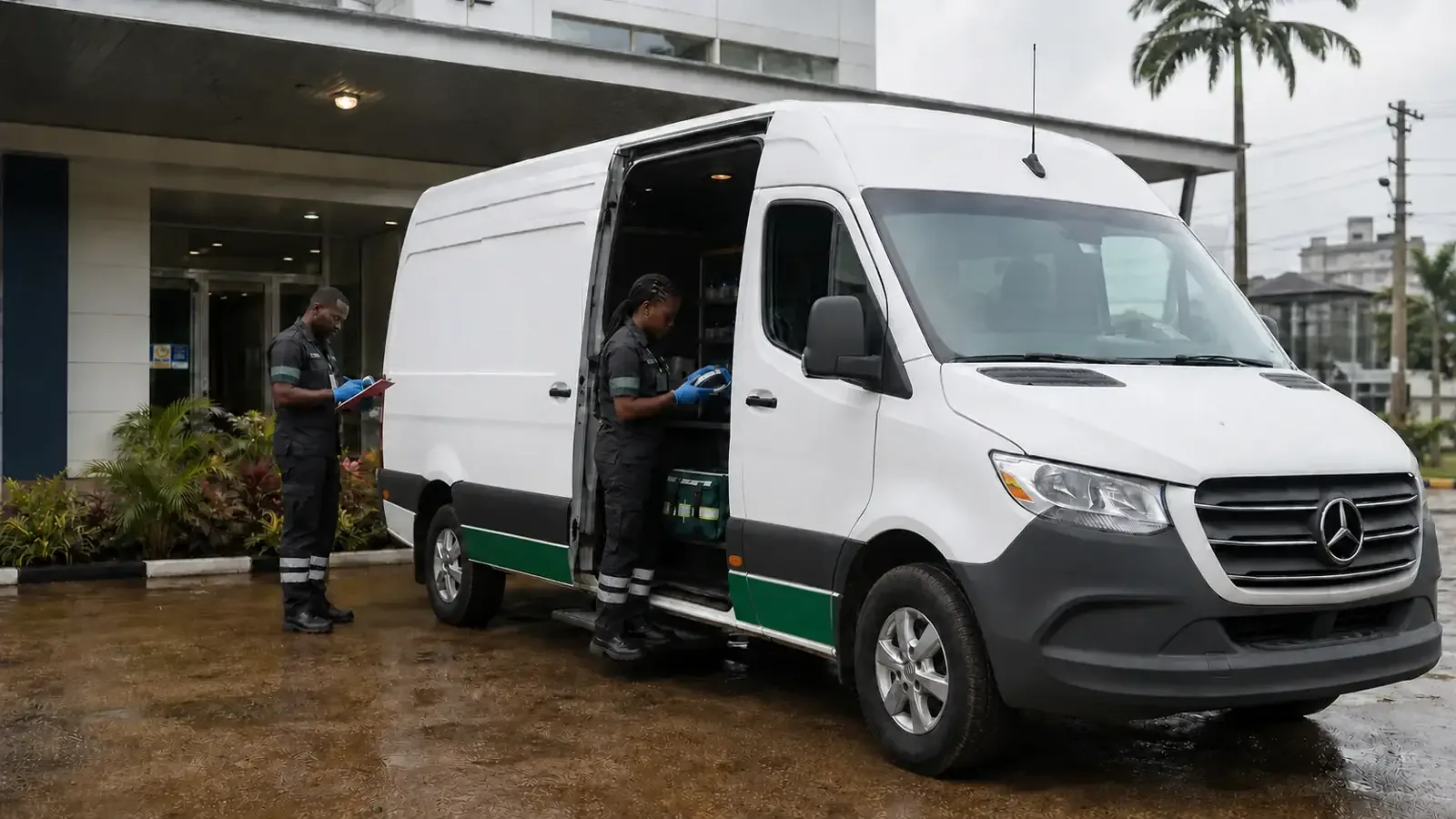 A medical transport team beside a white vehicle in Douala