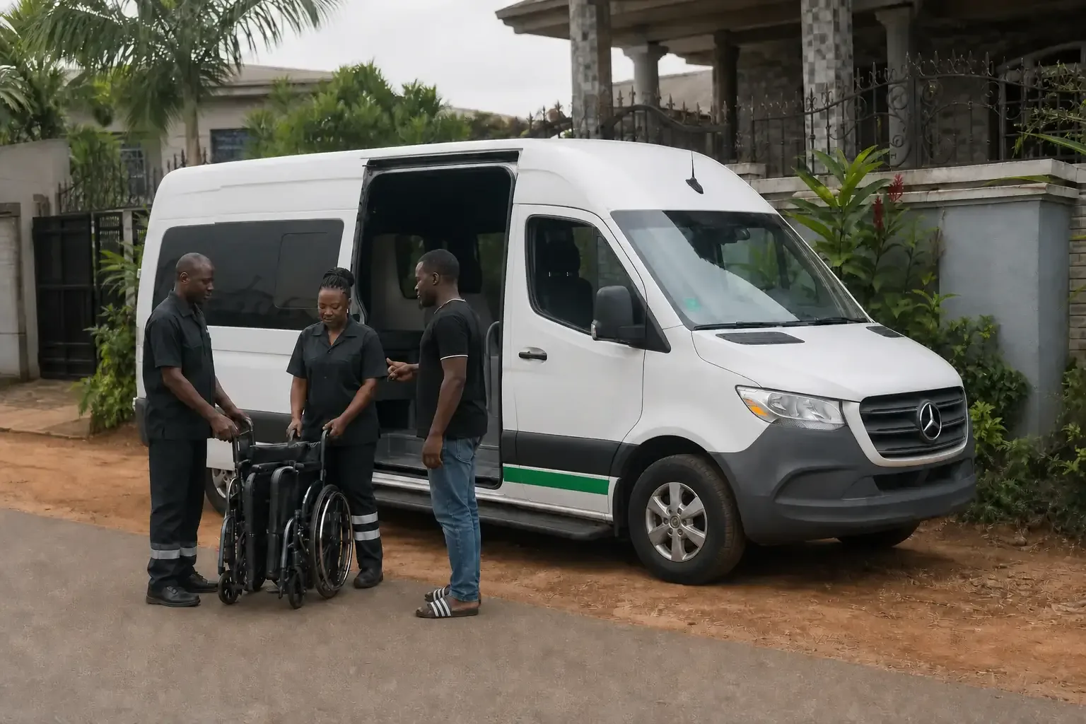Scheduled transport with a folded wheelchair in a Douala neighbourhood